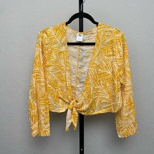 Shade & Shore Yellow Leaf-Print Tie-Front Blouse